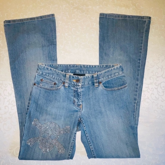 International Concepts Rhinestone Skull Bellbottom Jeans Long Length - Picture 6 of 15